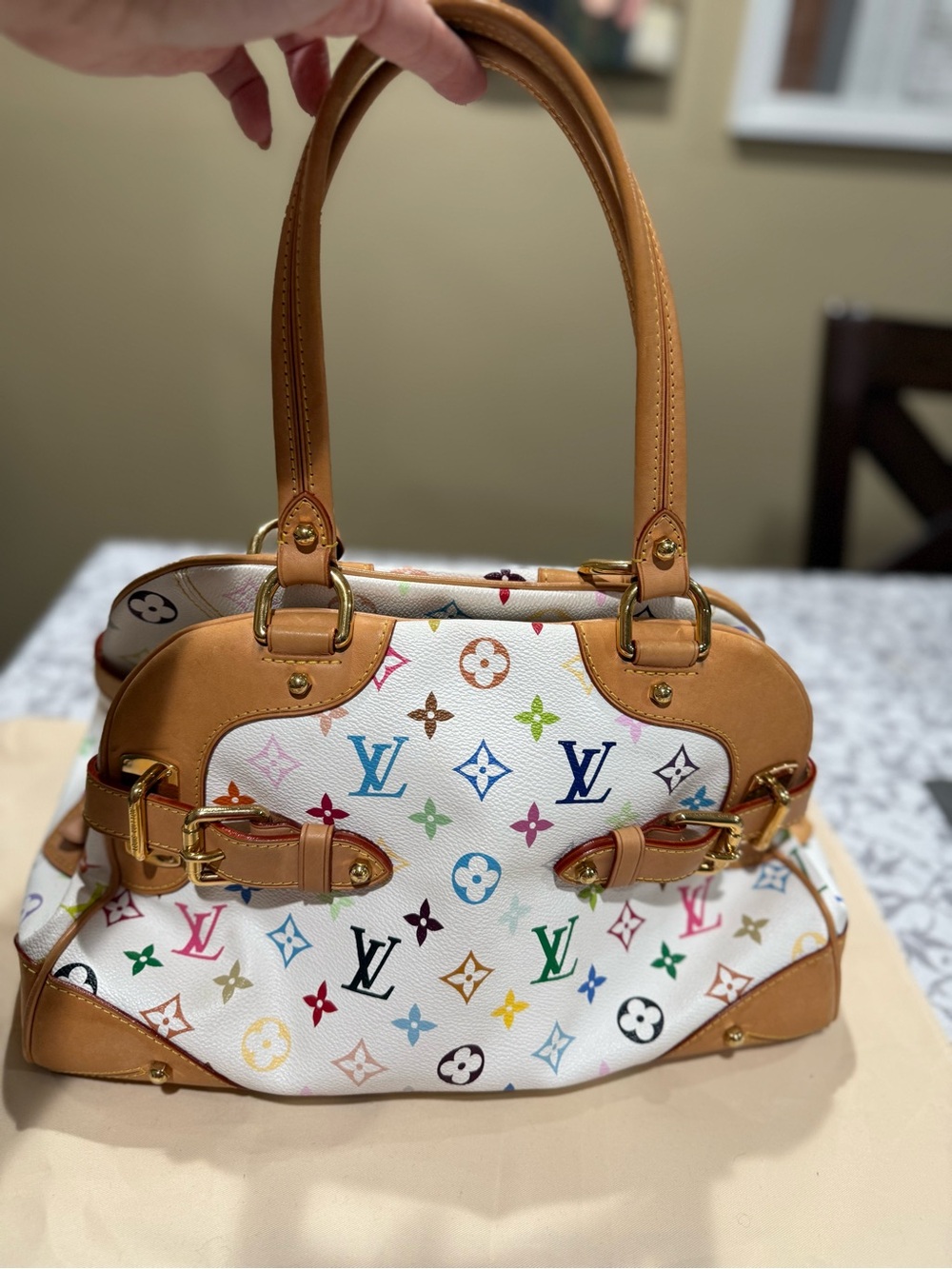 Louis Vuitton White Multicolor Monogram Canvas Shoulder Bag with Tan Trim